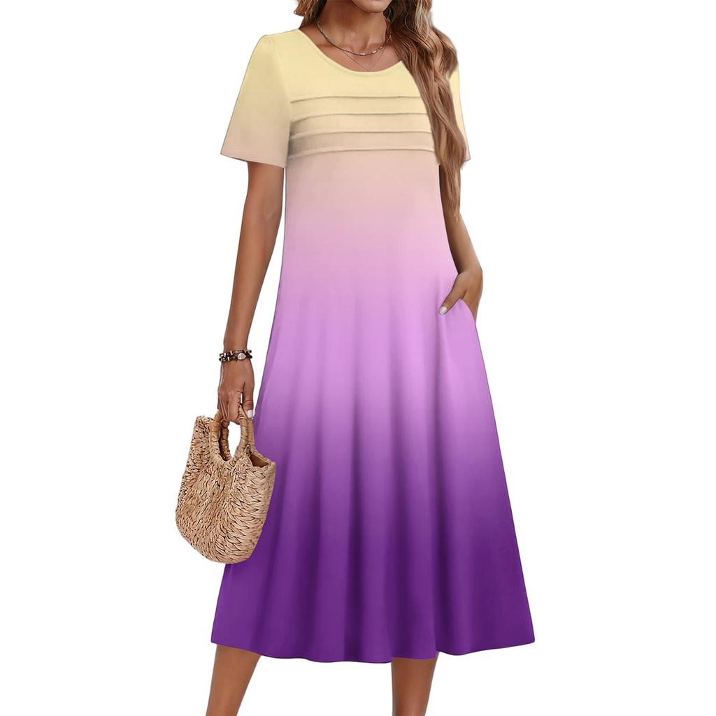 Ladies' Gradient Printed Casual And Fashionable Short Sleeved Round Neck Dress