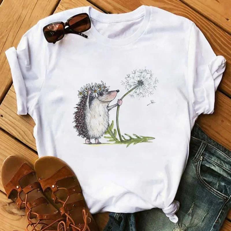 Cute Tshirt Female Hedgehog Dandelion Print Tshirt Summer Casual Sleeves Tops Kawaii Women Tshirt Streetwear Aesthetic Clothes S