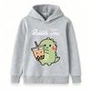 Kids Boys Girls Cute Dinosaur Bubble Tea Printed Pullover Hoodie, Soft Casual Long Sleeve Hooded Sweatshirt for Little Children Daily Wear
