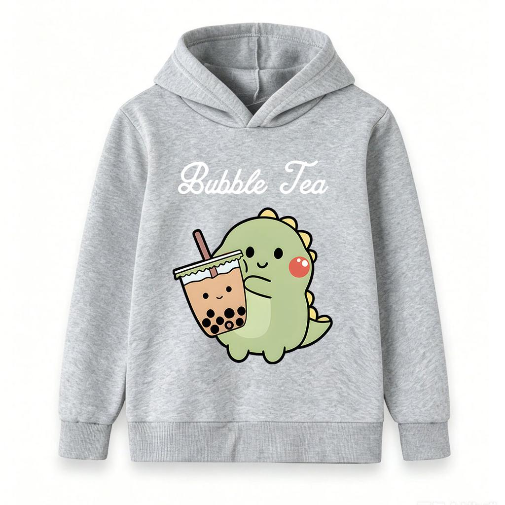 Kids Boys Girls Cute Dinosaur Bubble Tea Printed Pullover Hoodie, Soft Casual Long Sleeve Hooded Sweatshirt for Little Children Daily Wear
