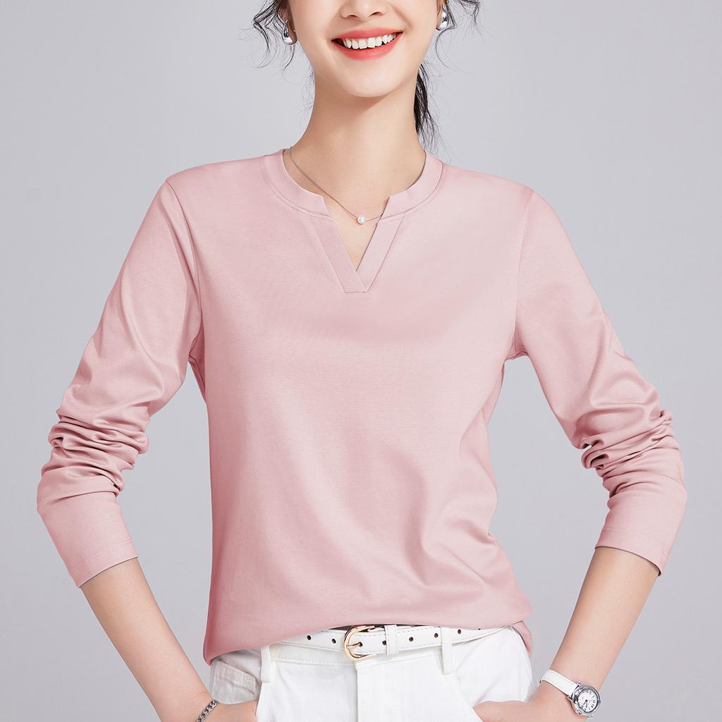 High-quality Half-open Mercerized Cotton Long-sleeved Women's Spring and Autumn Liquid Ammonia Slim-fitting Outer Wear Inner Bottoming Shirt Top