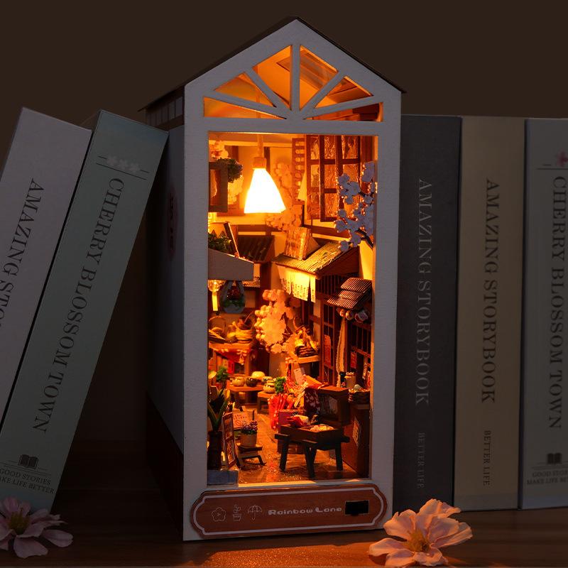 DIY Book Nook Kit Miniature Doll House With LED Light 3D Puzzle Model Building Wooden Bookshelf Bookend Toy Adults Birthday Gift