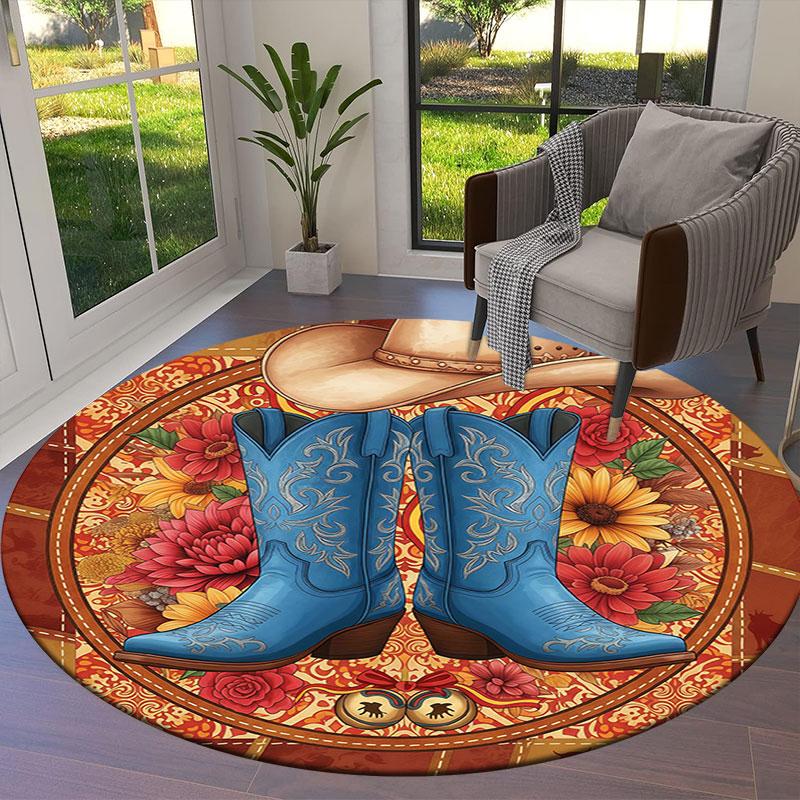 Cowboy Boots Round Area Rug,Carpet Rug for Living Room Bedroom Sofa Playroom Decor,Non Slip Floor Mat