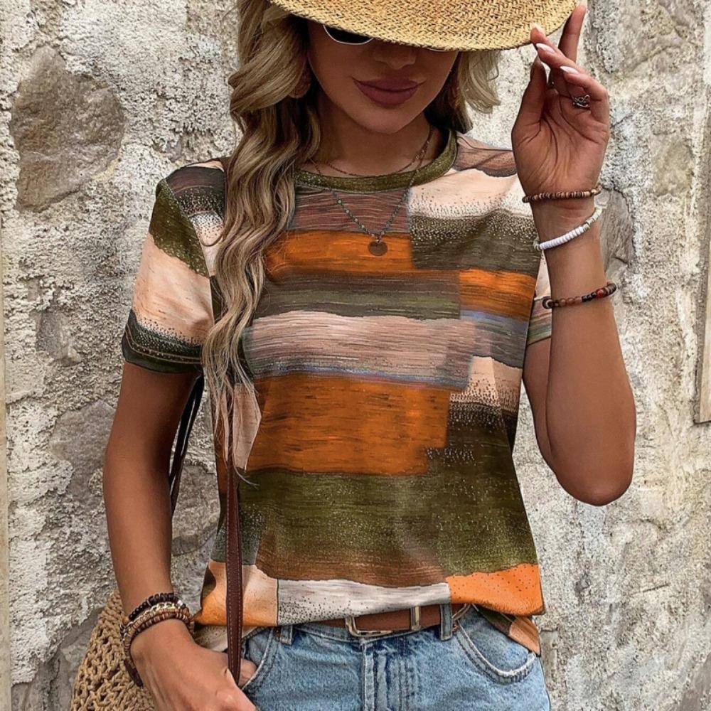 Women's Fashion Color Block Short Sleeve T-Shirt For Summer Geometric Graphic Tees Casual Round-neck Women Tops