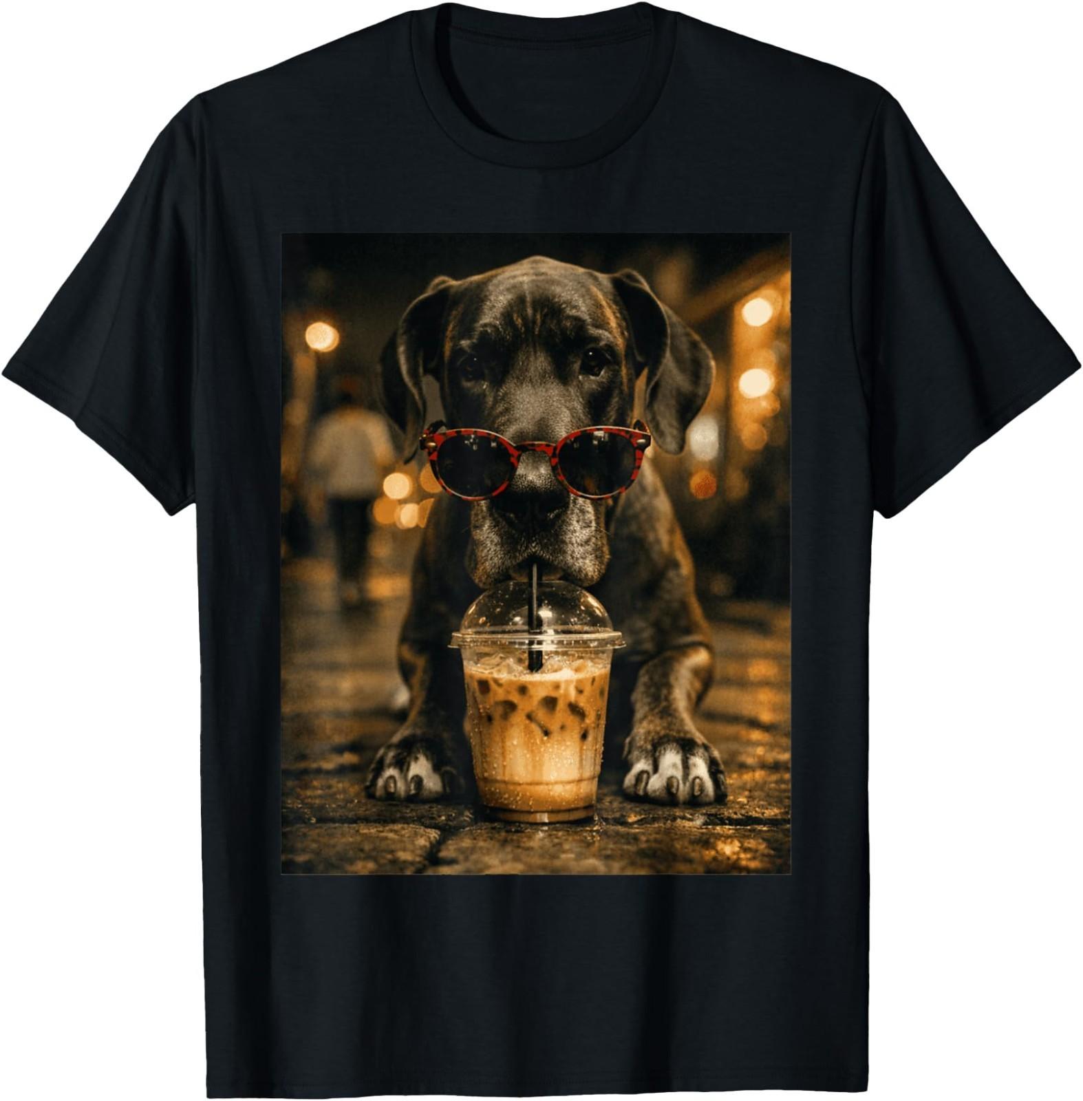 Great Dane Drinking Ice Coffee Funny Animal T-Shirt M