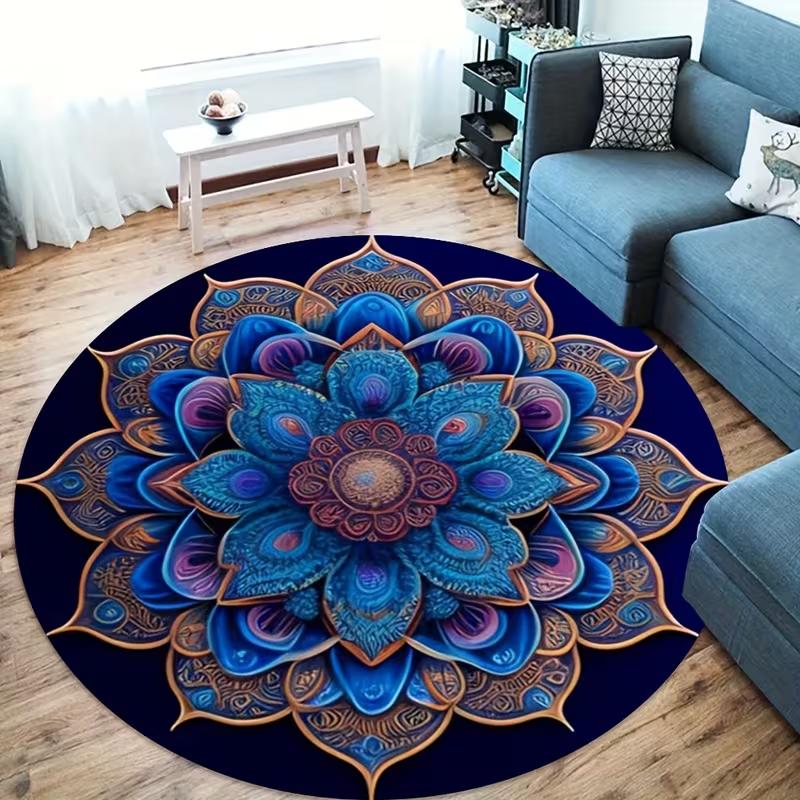 

Luxury Boho Mandala Round Rug Visual Style Ethnic Lotus Print Soft Non Slip Circle Mat for Living Room Bedroom Yoga Decor 40x 60cm
