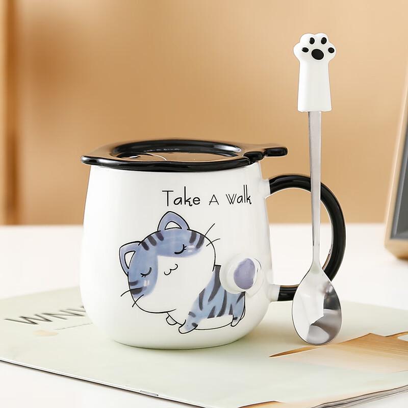 Cartoon Blue Cat Ceramic Mug with Lid & Cat Claw Spoon