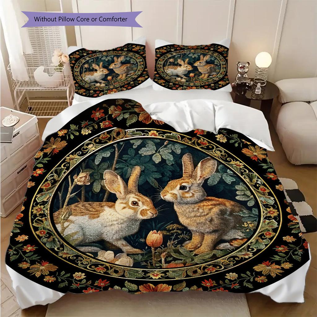 William Morris' Pastoral Flower Rabbit Bettwäsche, Bettbezug, Kissenbezug, Heimdekoration, Geburtstagsgeschenk (1 * Bettbezug+2 * Kissenbezug, ohne Füllung)