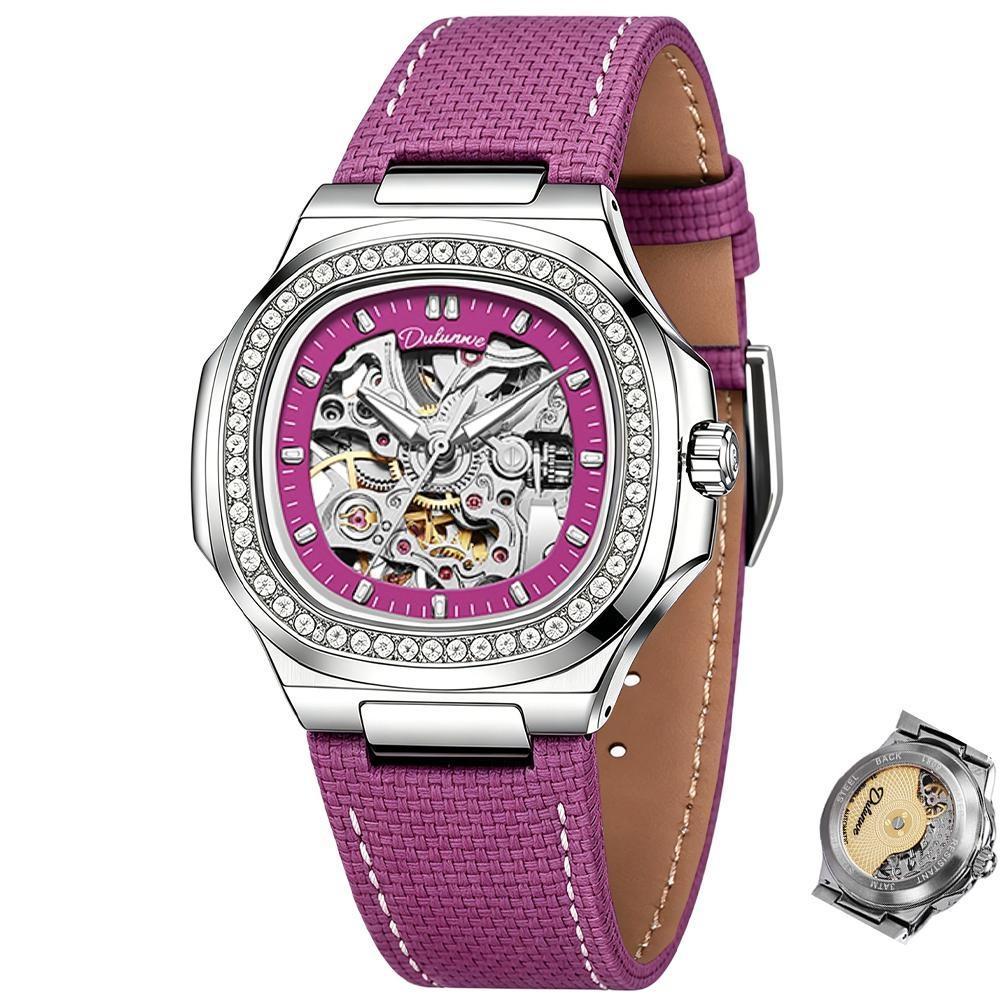 Skeleton Mechanical Watches Rose Gold Case Diamond Bezel Luminous Waterproof Fluororubber Strap Watch