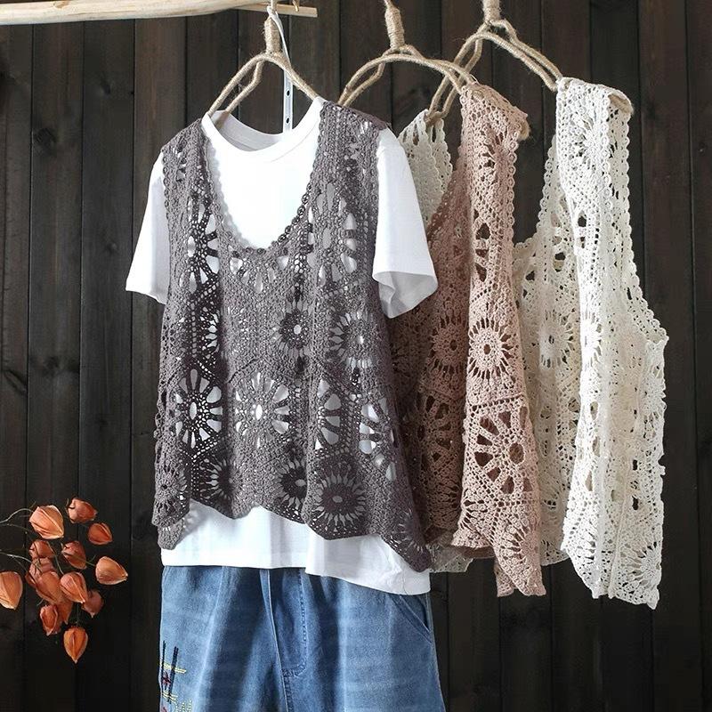 Frühling und Sommer neue einfarbige gestrickte durchbrochene Weste Weste Damen vielseitig locker ärmelloses Blusentop
