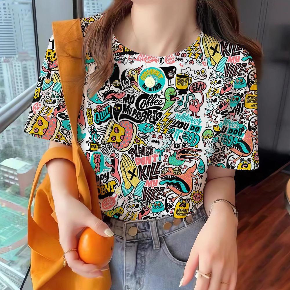 Summer Vintage Women's T-Shirt Short Sleeve Line Print Caual Crew-Neck Pullover Fashion Streetshirt Female Oversized Clothing