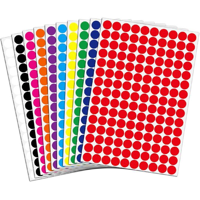 Round Colored Dot Stickers, 3000 Pieces, 1/2 Inch Circle Labels, 10 Colors, for Office Classroom Organization