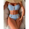 Women Solid Color Swimsuit Sexy Tight Fitting Suspender with Backless Stripes Bikini Fashion Pure Cotton Split Style Swimsuit
