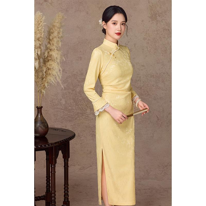 Yellow improved cheongsam autumn new long-sleeved single-layer elastic knitted jacquard retro slim and thin young model