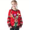 Dziecięcy Świąteczny Brzydki Sweter Rozświetlany Renifer Boże Narodzenie Wbudowane Żarówki Chłopcy Dziewczynki Czerwony Średni LED przyjazny dla dzieci Rozrywkowy Zabawny Bezpieczny