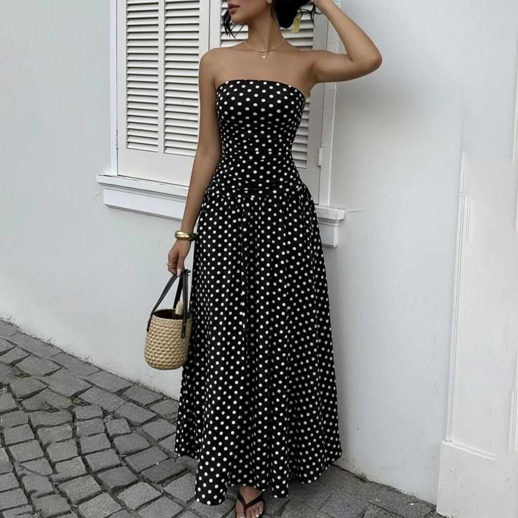 Summer New Women's Skirt, Sexy and Sweet Temperament Tube Top Polka Dot Waist Dress