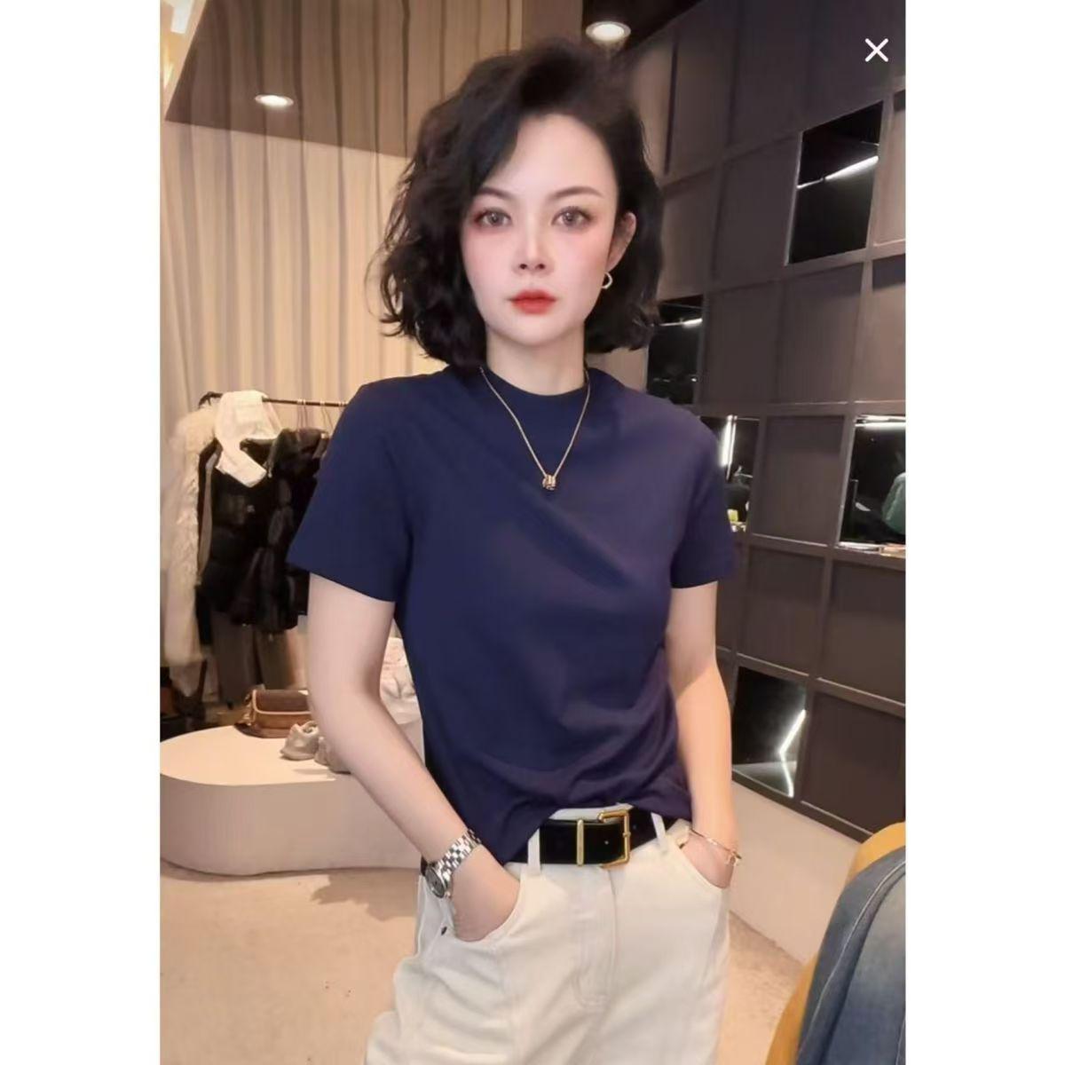 

2025 Весна/Лето Корейский стиль Приталенная футболка с коротким рукавом - Универсальный женский повседневный топ больших размеров 2XL (Recommended for 135-150 jin) темно-синий