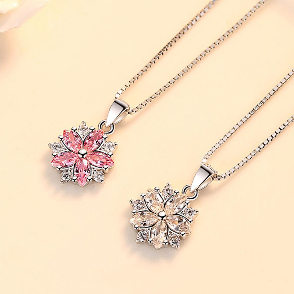 925 Sterling Silver Pink Crystal Flower Pendant Chain Necklace For Women Korean Elegant Luxury Quality Jewelry Accessories