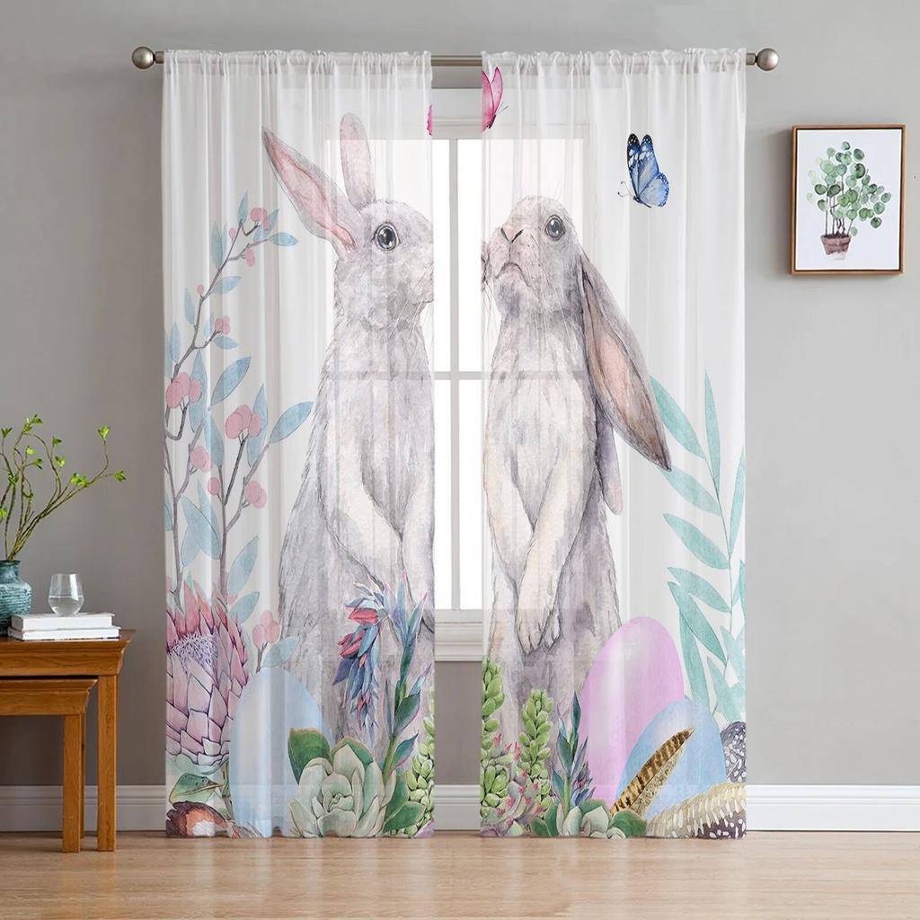 Osterhasen-Blumen-Schmetterlings-Aquarell-Kaninchen-Tüllvorhänge für Wohnzimmer, Küche, durchsichtiger Voile-Vorhang, Schlafzimmer-Fensterpaneele