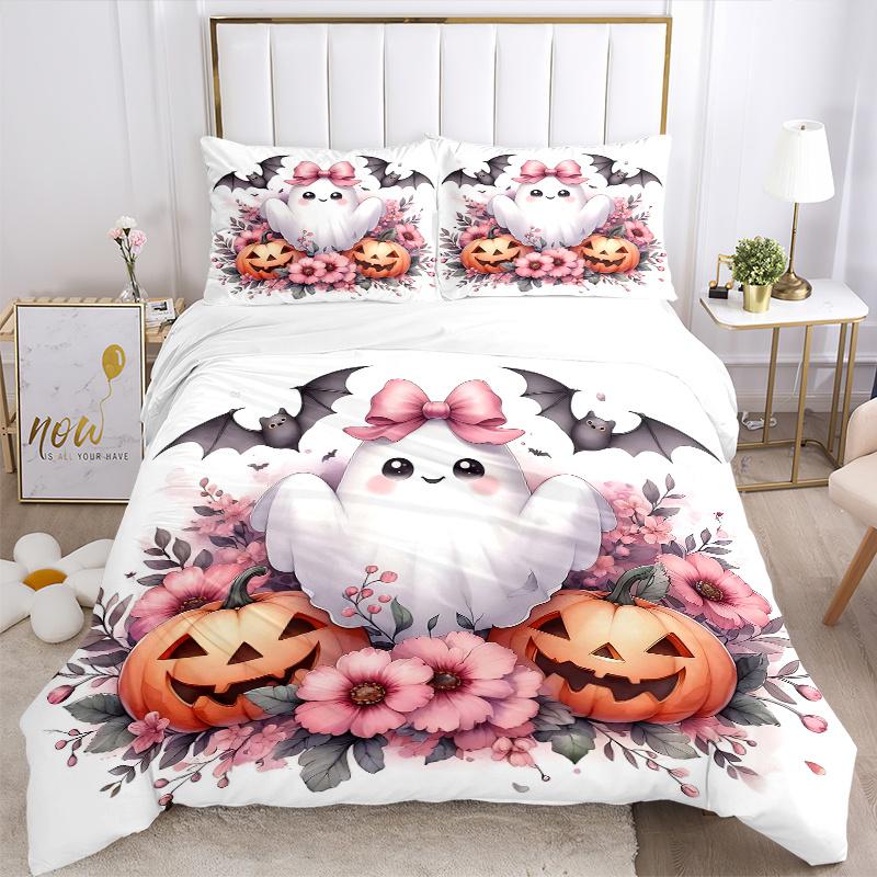 3pcs Pretty Ghost Pumpkin Flower Halloween Design Bedding Set - Includes Quilt Cover and Pillowcases, Suitable for All Seasons, Machine Washable