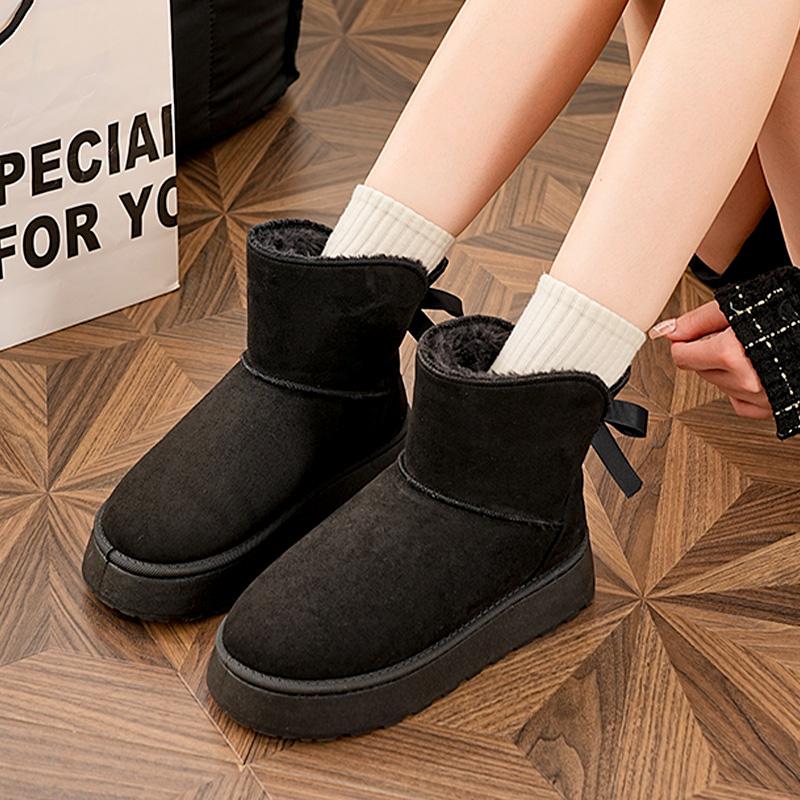 Fashion Faux Suede Platform Snow Boots Women Slip On Warm Thicken Plush Winter Boots Woman Cute Bowk Decor Non Slip Cotton Shoes Female