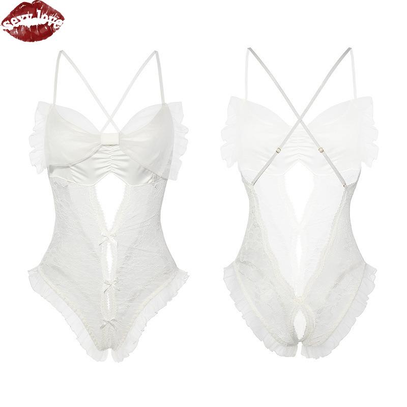 Sexy Love Wedding Dress Lingerie European and American Lace Seduction Cross Shoulder Strap Transparent Mesh Socks Crotch Opening