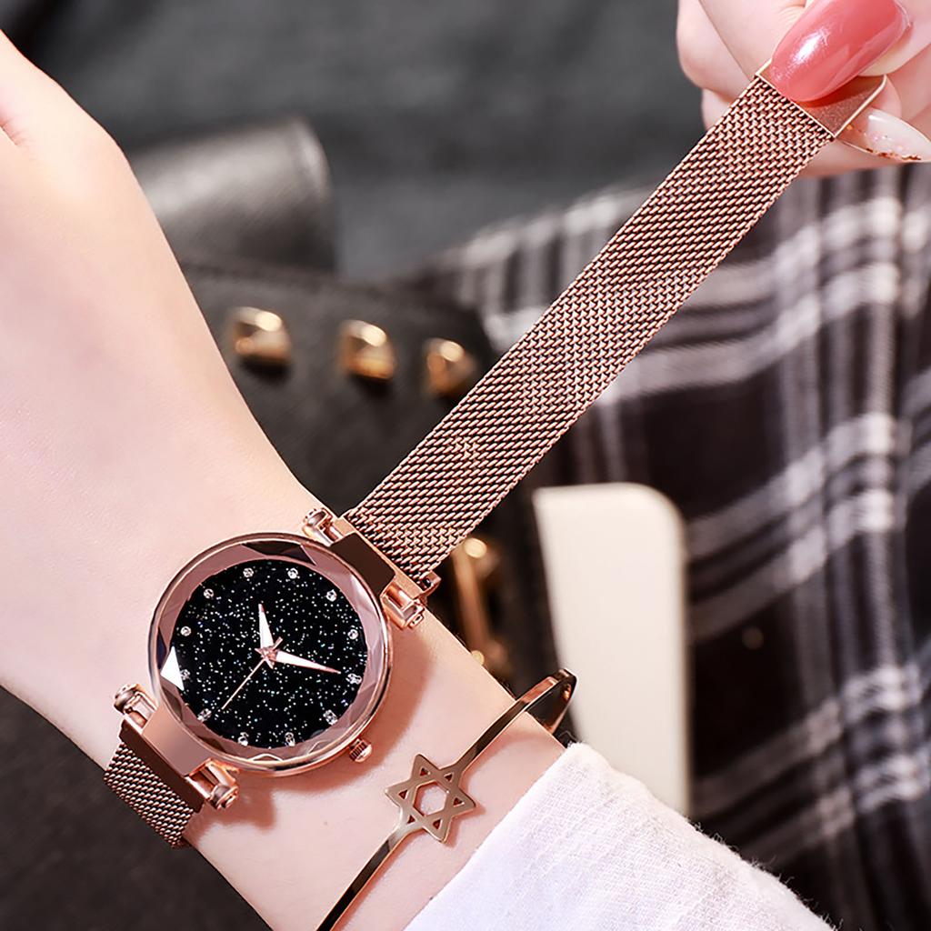 Women Round Bracelet Watch Starry Sky Analog Quartz Wristwatch with Clear Dial for Outside Office Business Meeting