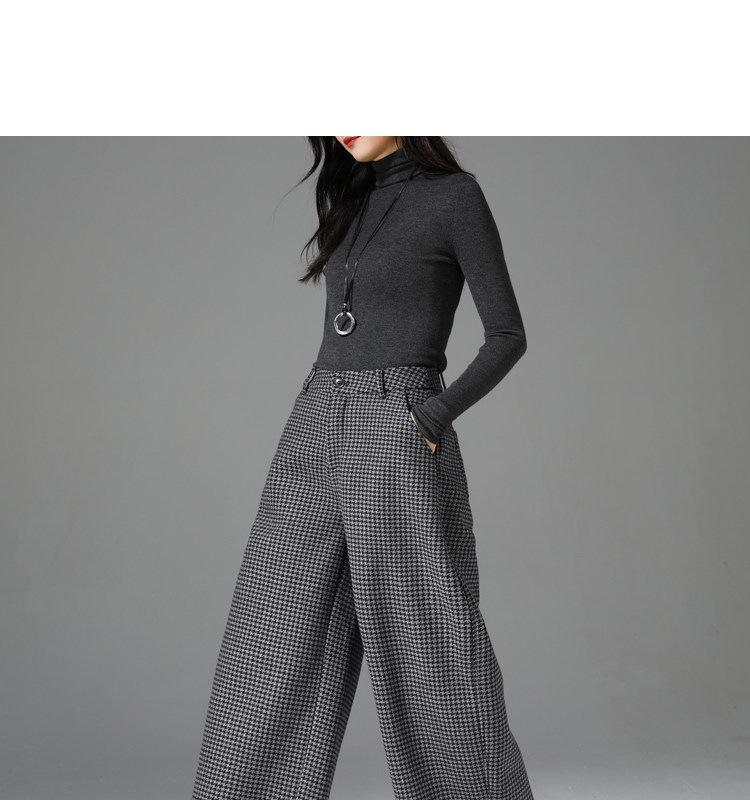 Women's High-Waisted Woolen Wide-Leg Plaid Pants with Velvet Lining for Autumn/Winter – Petite Casual Style.