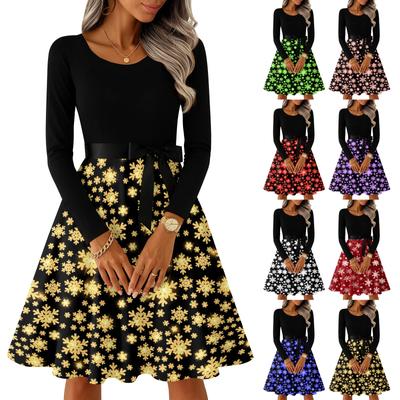 Damen Casual Fashion Langarm Weihnachten Grafik Bedruckte Vintage Lange Kleider