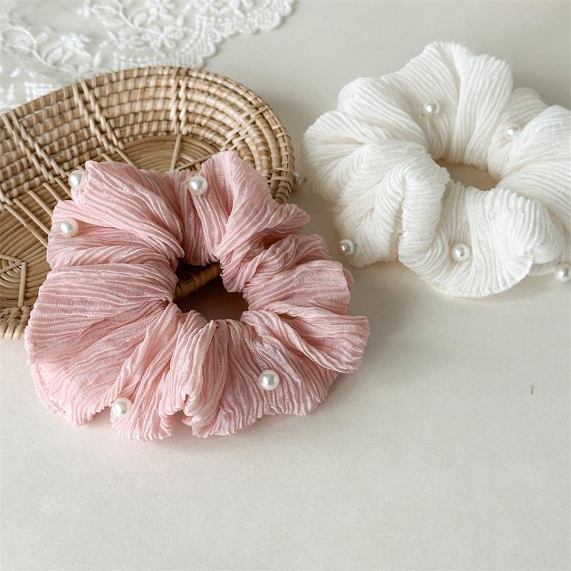 Pleated Texture Pearl Inlaid Large Hair Scrunchies Elegant White Pink Black Elastic Headbands Wedding Guest Hair Decor