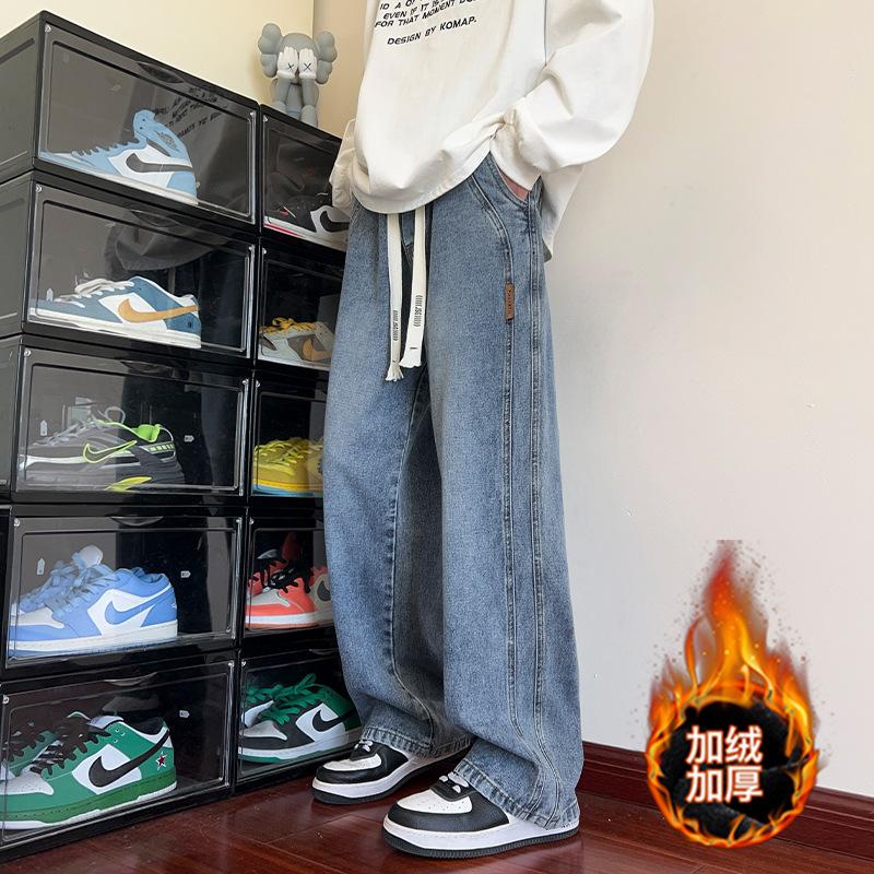 Popular Loose Fleece Straight Jeans New Men's American Fleece Trendy Casual Thermal Trousers Men
