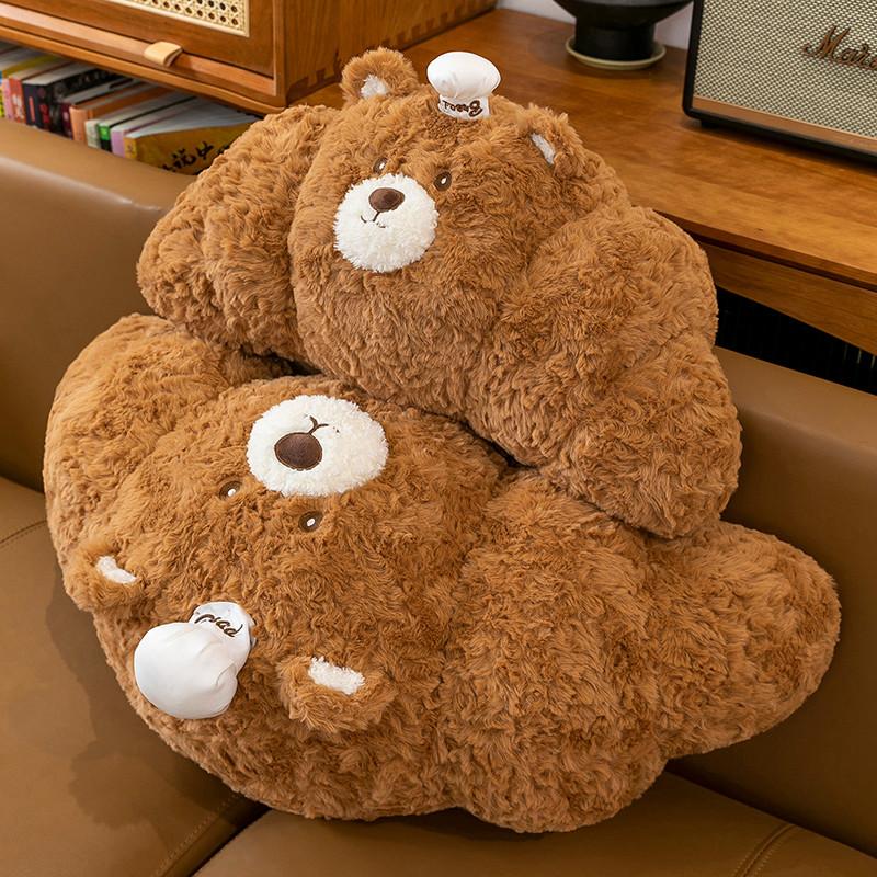 Cartoon Croissant Chef Bear Plush Pillow Soft Cozy Fluffy Bread Shaped Doll Back Cushion Sofa Decoration Birthday Gift For Kids