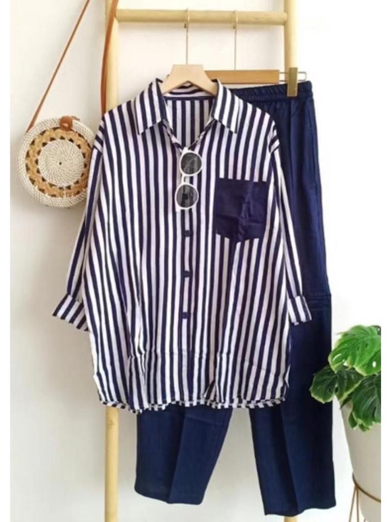 Zestaw dwuczęściowy casual w paski z długim rękawem plus size