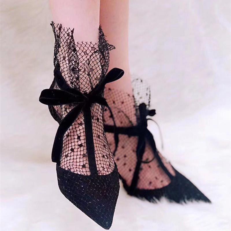 Fashion Sexy Pointed Toe Mesh Lace High Heels Women Summer Lace Up Breathable Dance Shoes Banquet Wedding Shoes Elegant Bow Women Pumps