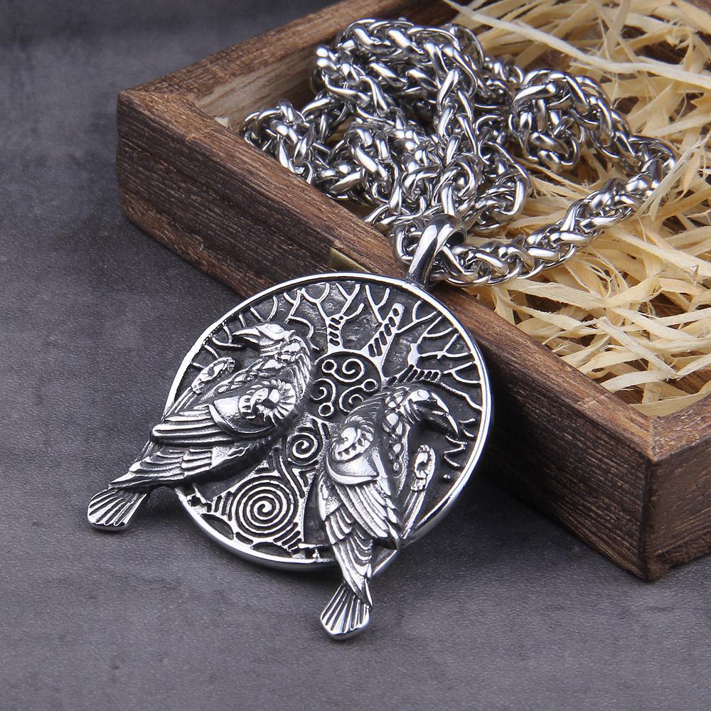 Norse Odins Ravens Huginn Muninn Pendant Tree of Life Necklace Viking Talisman