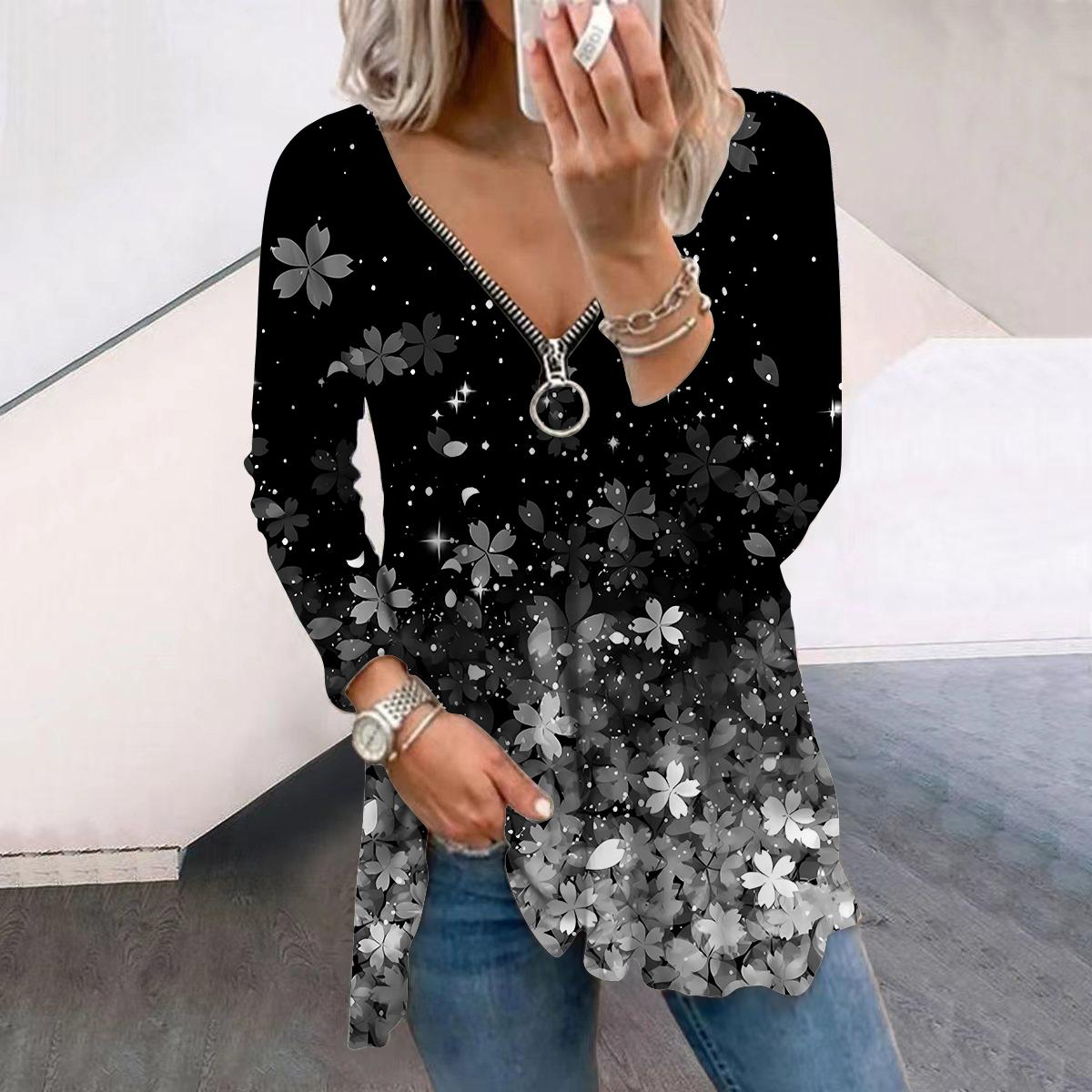 

Женские осенние футболки с длинным рукавом и принтом в виде кристаллов и цветов, свободные футболки с V-образным вырезом больших размеров, удобные блузки 8XL серый
