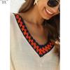 DX~Women's Sexy Hollow Out V-neck Short Sleeved Contrasting Hand Hook Patchwork Loose Beach Sun Protection Cover
