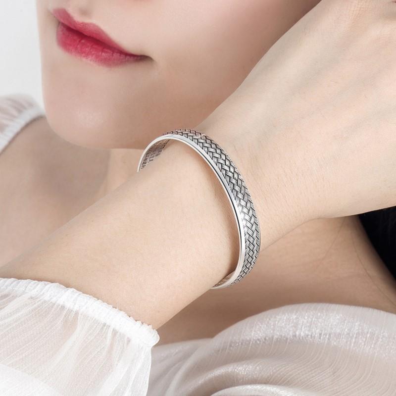 Vintage Thai Silber Gewebte Oberfläche Manschette Armreif für Damen Herren Kreatives Ethnisches Design Handgefertigte Armreifen Schmuck Geschenk