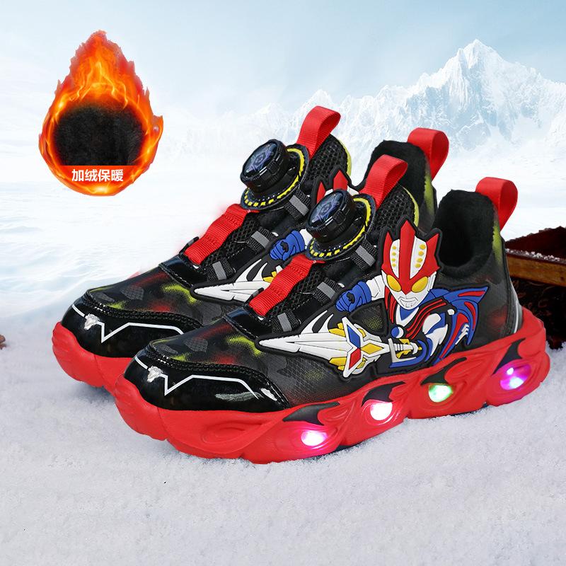 

Обувь осень и зима светящиеся кроссовки нескользящие спортивная обувь для мальчиков кожаный Ультрамен 2025 детская новая тенденция 35