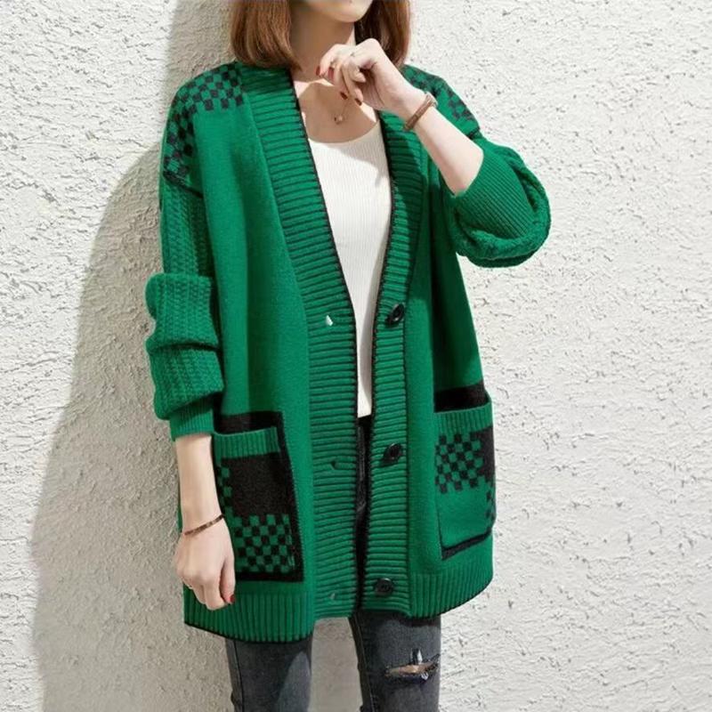 V-neck Long Sleeve Printed Cardigan Knitted Women Long Sweater Jackets Winter Autumn Casual Loose Coats Outwear Elegant Top Clothing