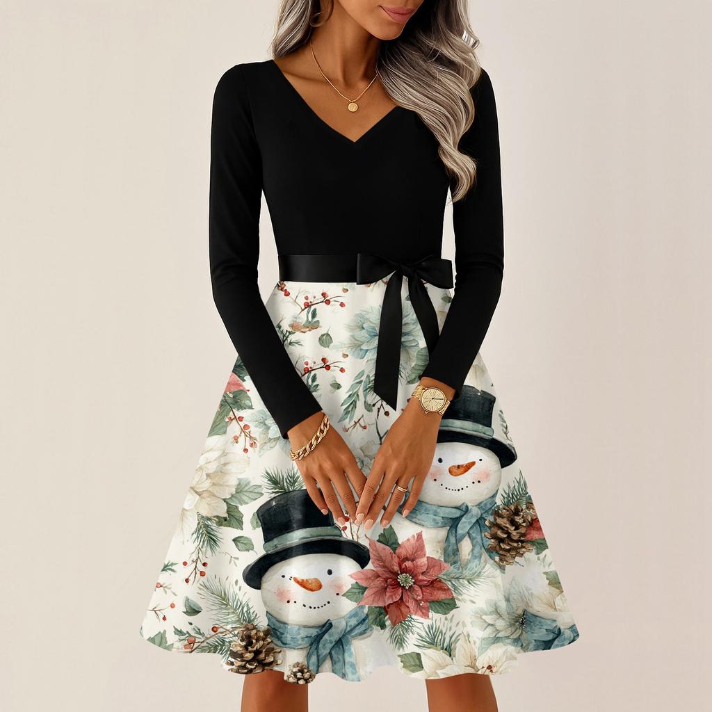 Ladies' Christmas Printed Casual And Fashionable V-neck Long Sleeved Dress