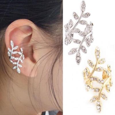 1 pezzo di orecchino punk da donna con strass, foglia, polsino dell'orecchio, clip, ciondolo per gioielli