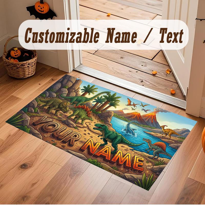 Dinosaur Theme Soft Crystal Velvet Rug Custom Name & Text Print Non Slip Floor Rug for Bedroom Living Room
