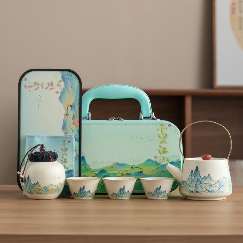 Company annual meeting gifts thousands of miles of Jiangshan Ru kiln travel tea set teapot souvenir portable Kung Fu Kuaike cup