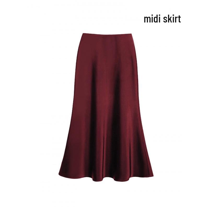 Satin Drape Elastic Waist Midi Skirt - Women's High Waist A-Line for Spring/Summer