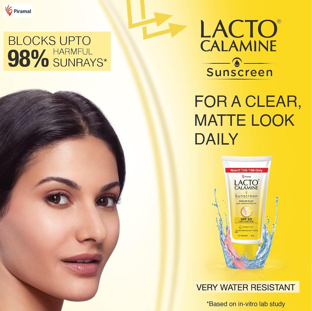 Lacto Calamine Sunshield Matte Look Sunscreen Kaolin Clay SPF50 PA+++ 50g Pack of 2 for Oily Acne Prone Skin