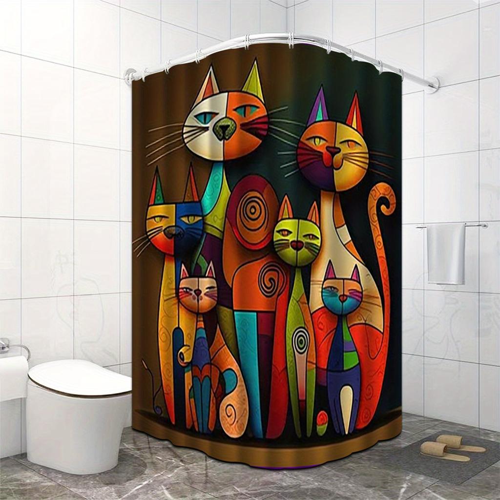 Colorful Abstract Cats Waterproof Mildew-Resistant Shower Curtain - Whimsical Design for a Fun and Artistic Bathroom Décor