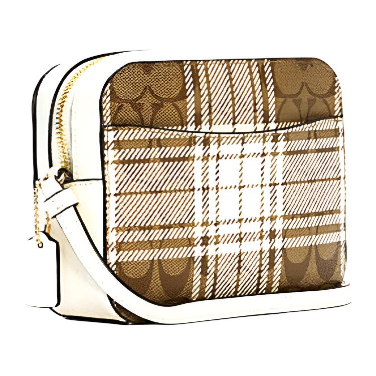 Coach Camera 18 Checkered Pattern Canvas Crossbody Bag Small Women bags Brown White C0038-IMLOT