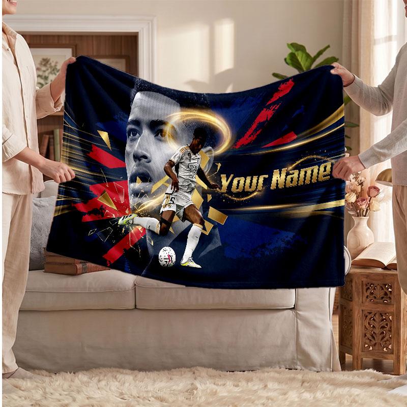 Jude Bellingham Personalized Fleece Blanket With Football Logo, Custom Name Text Soft Warm Home Throw Blanket