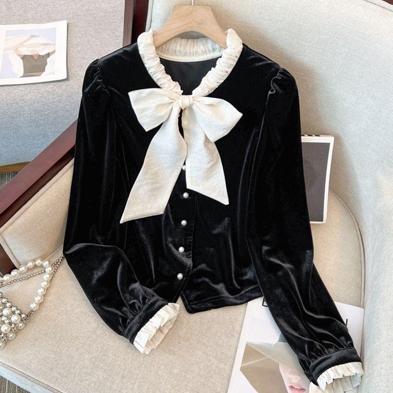 

Рубашка с бантом для женщин на весну, осень и зиму с ноткой высококлассного дизайна, мягким темпераментом и черным бархатным топом с рукавами-фонариками S чёрный